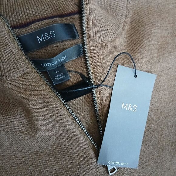 NEW M&S Cotton Rich Zip Sweater Marks & Spencer Tobacco Color Tan Medium #491 - Picture 5 of 8